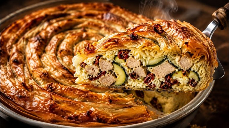 Never again a boring dinner! Crispy filo pastry with chicken, zucchini & feta.