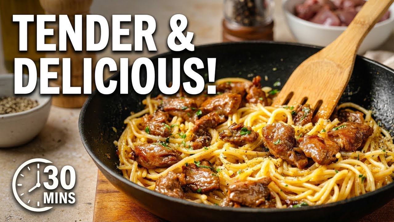 Easy 30 minute dinner! Tender and delicious creamy chicken liver and pasta!