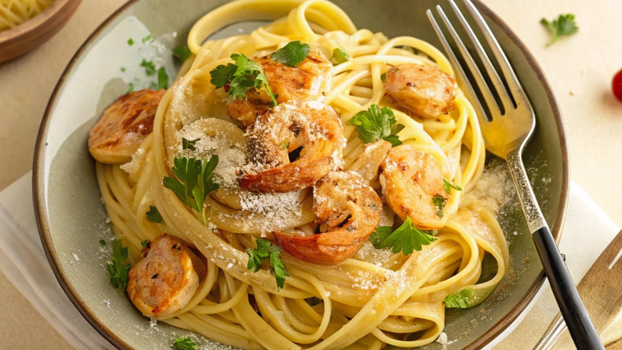Creamy shrimp chicken pasta-fast, simple & incredibly delicious! 🍤🍝🔥