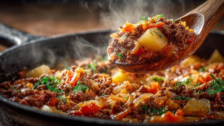 One-Pan Dinner with Ground Meat, Potatoes, Cabbage, and Tomato Sauce
