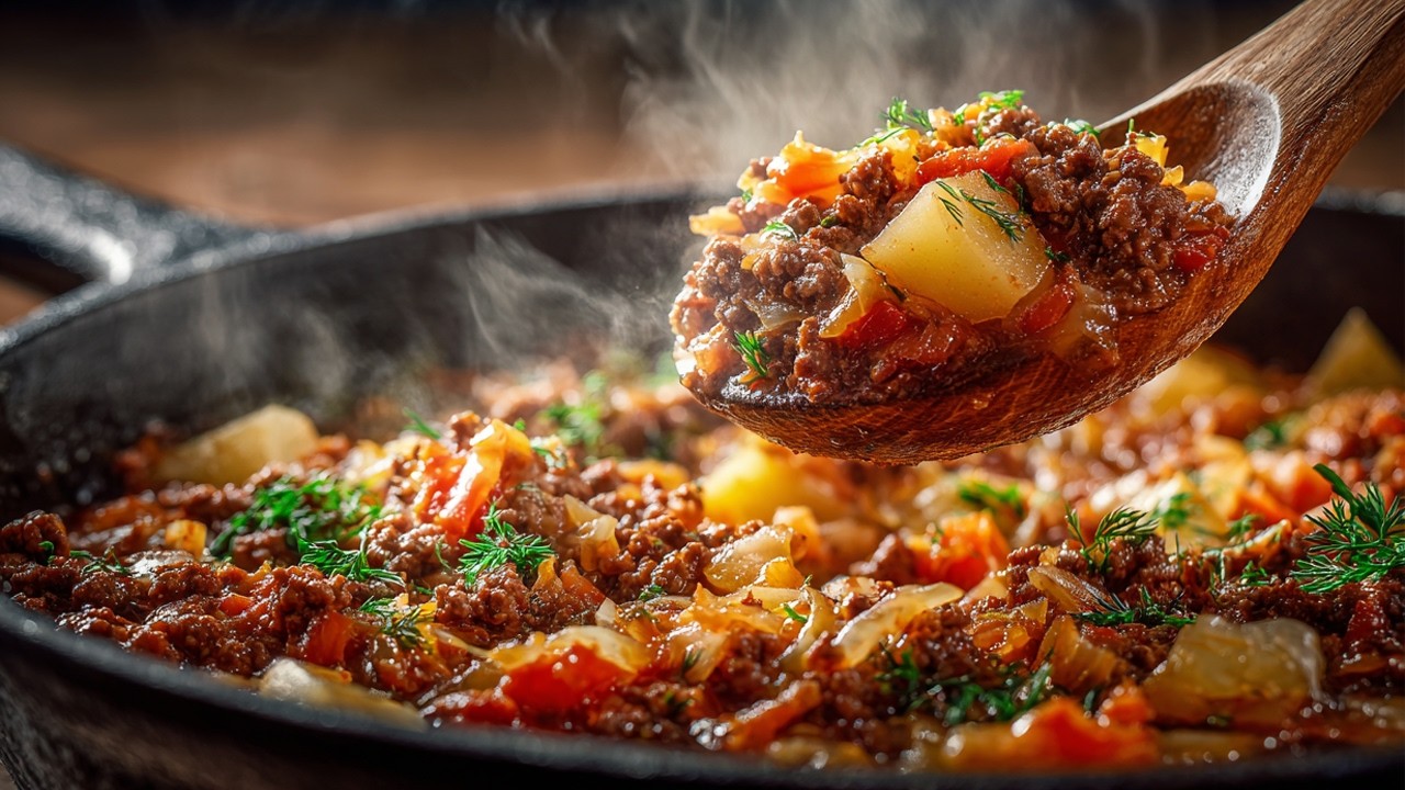 One-Pan Dinner with Ground Meat, Potatoes, Cabbage, and Tomato Sauce