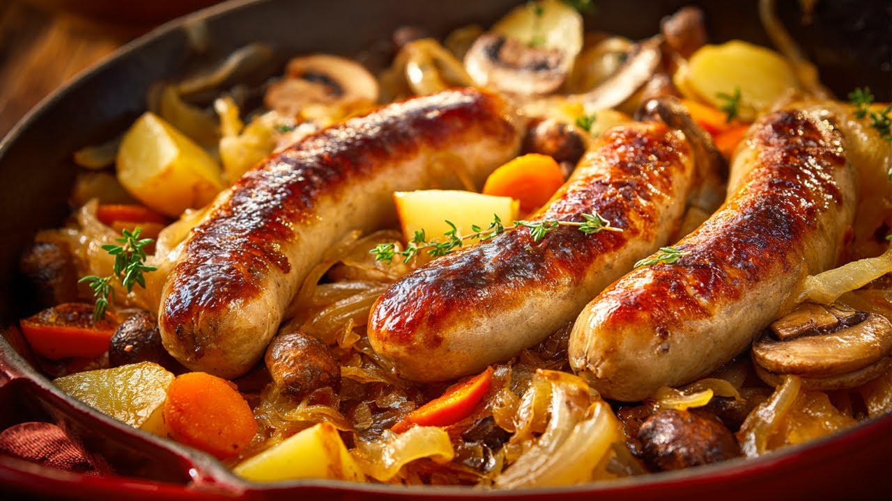 Sauerkraut with Sausages and Vegetables Baked in the Oven