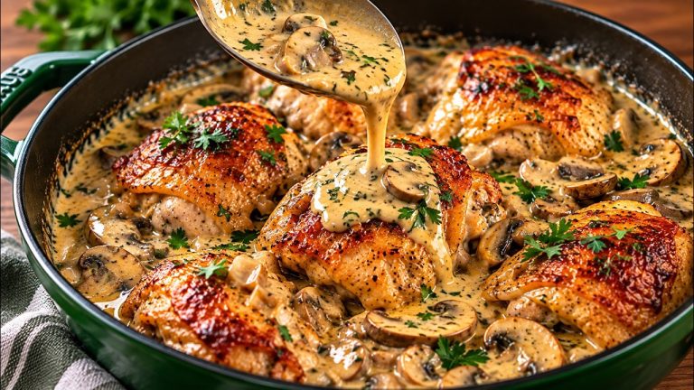 Creamy Dijon Mustard Chicken Thighs with Mushrooms and Mashed Potatoes