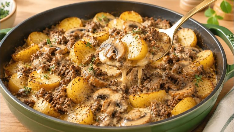 Potatoes and Ground Meat in Creamy Mushroom Sauce – So Simple!
