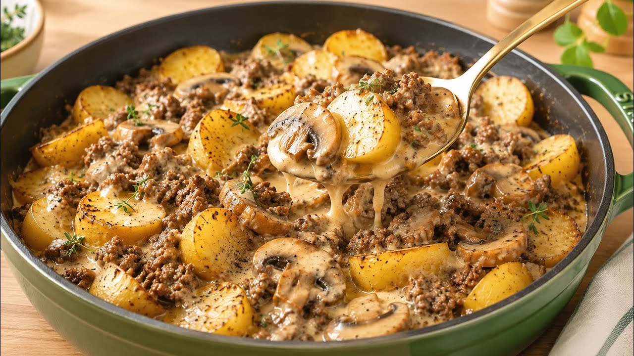 Potatoes and Ground Meat in Creamy Mushroom Sauce – So Simple!
