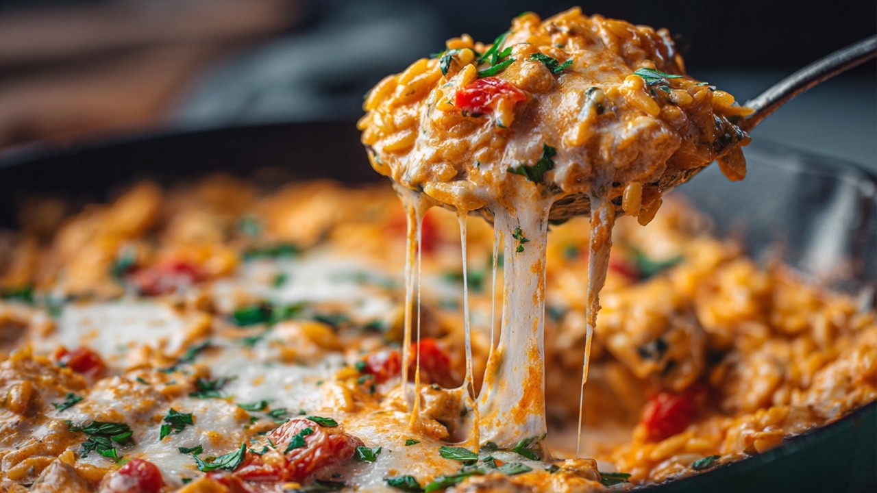 Creamy One-Pan Orzo with Ground Chicken, Roasted Peppers, and Feta