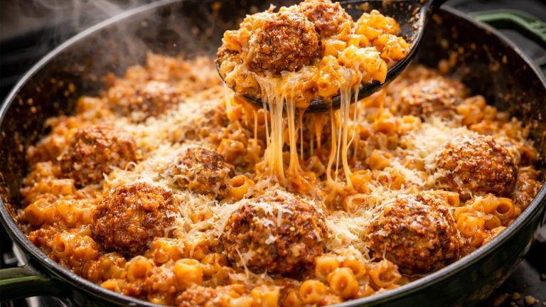 Juicy Meatballs with Pasta in Creamy Tomato Sauce (One-Pan)