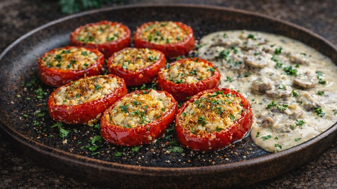 Stuffed Bell Pepper Rings with Ground Chicken and Rice in Creamy Mushroom Parmesan Sauce
