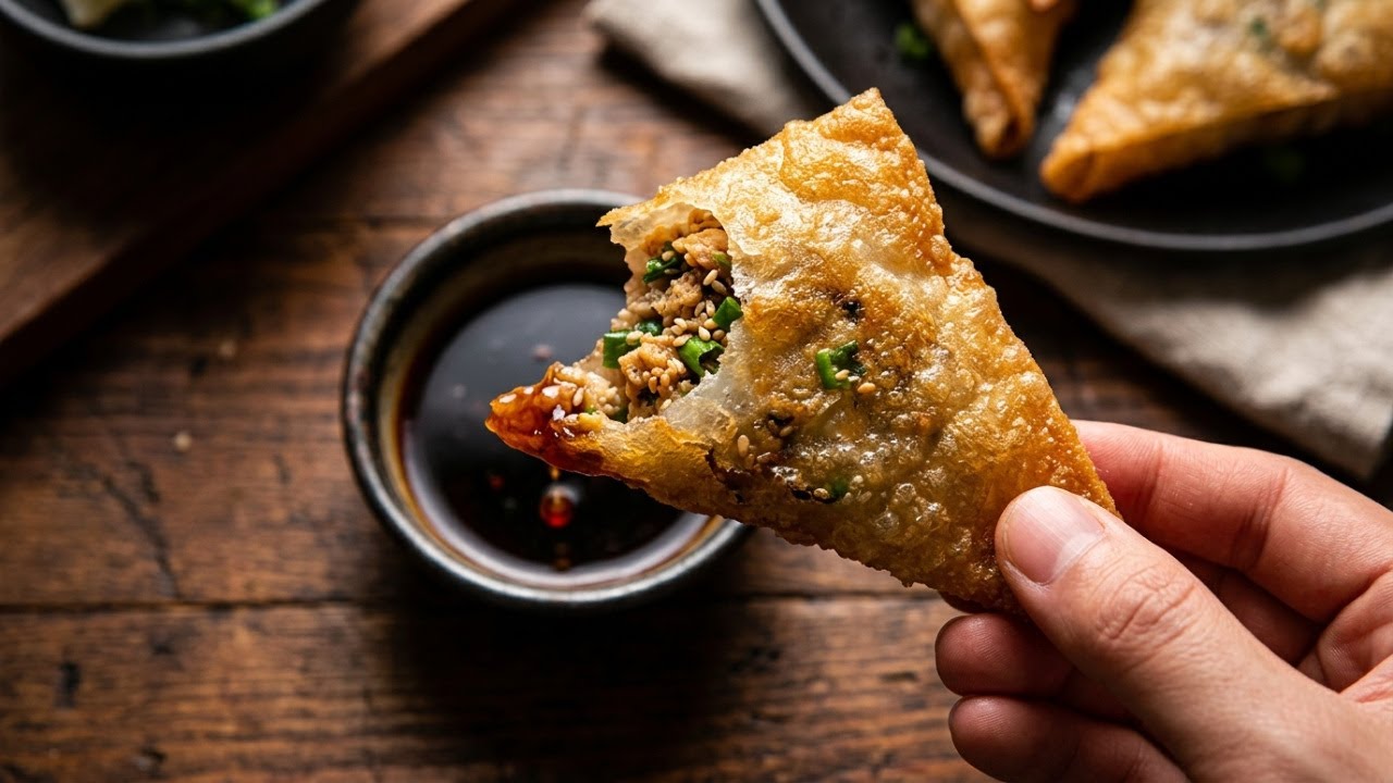 Crispy rice paper triangles with minced chicken – So simple & so delicious!