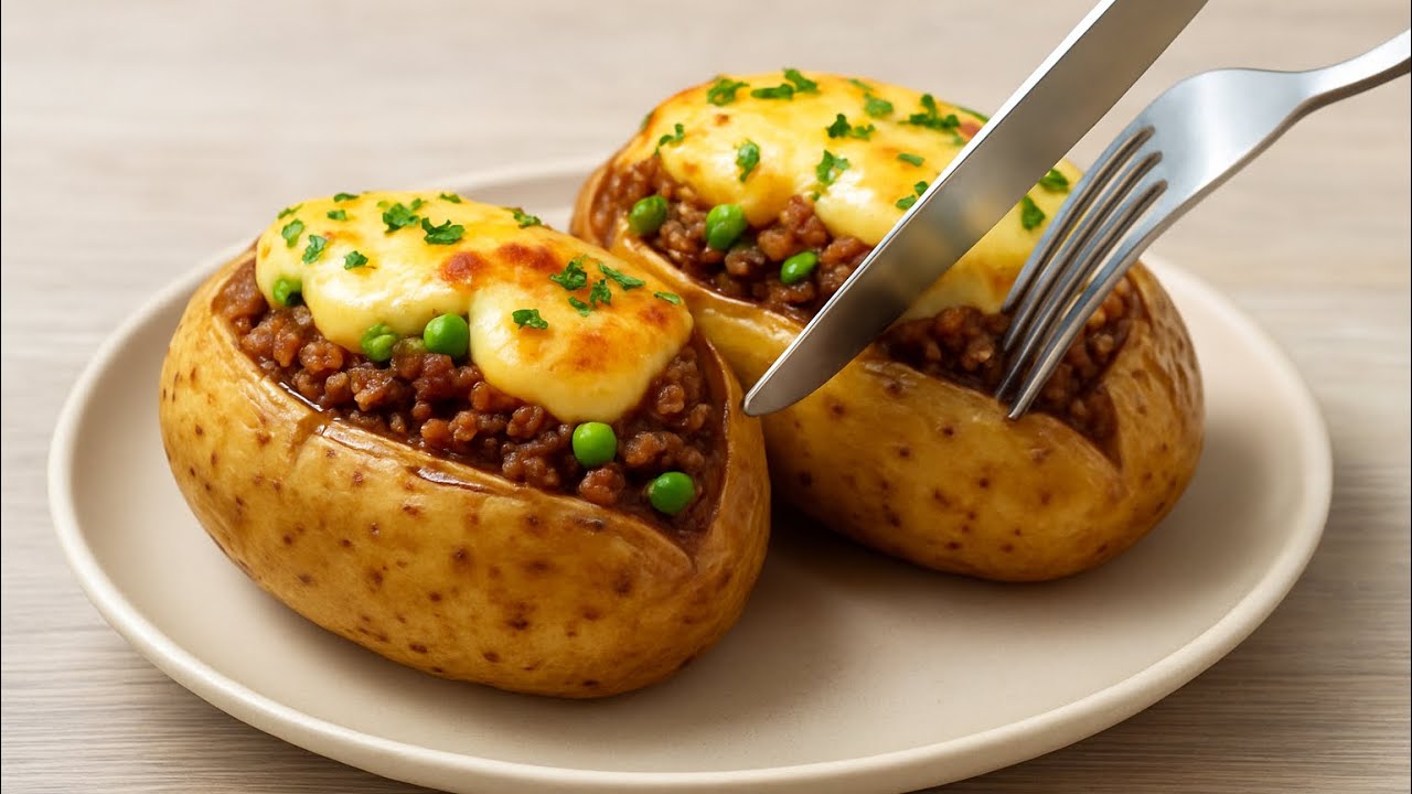 Stuffed Baked Potatoes with Golden Cheese Crust