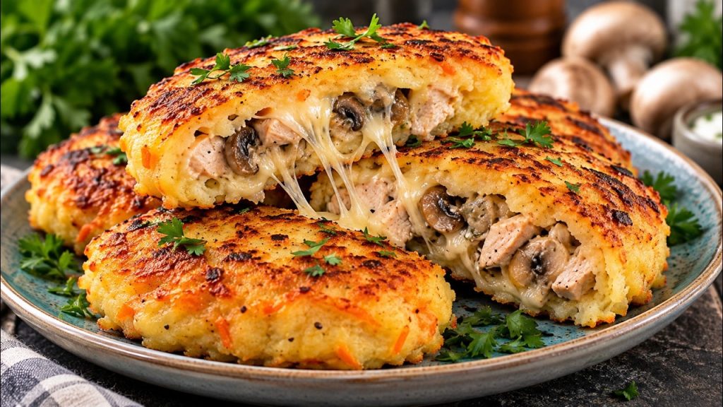 Crispy Potato Pockets with Chicken, Mushrooms, and Melted Cheese